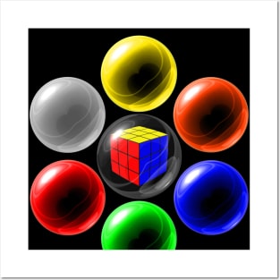 Rubik's Cube in a Glass Ball with Six Surrounding Colourful Glass Balls Posters and Art